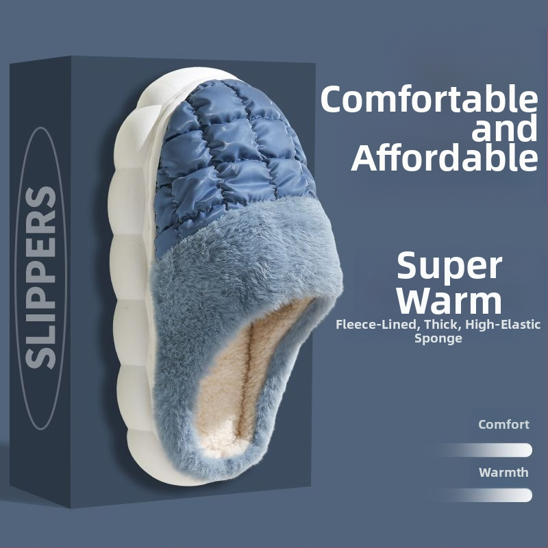 Bavlnené domáce papuče s plyšovým vrškom, hrubá protišmyková PVC podrážka, vnútorná kožušinka z umelej kožušiny a výplň z peria, káro vzor, nepremokavé a teplé