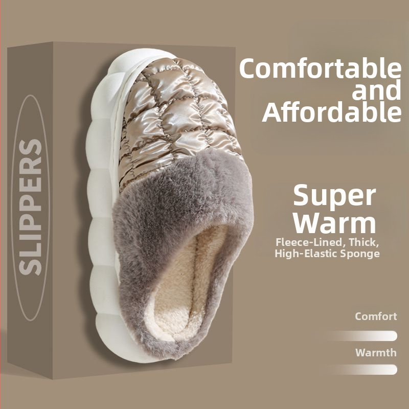 Bavlnené domáce papuče s plyšovým vrškom, hrubá protišmyková PVC podrážka, vnútorná kožušinka z umelej kožušiny a výplň z peria, káro vzor, nepremokavé a teplé
