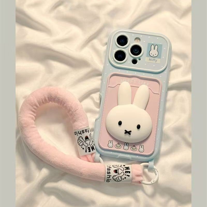 Ochranný obal pre Apple iPhone 17 Pro Max s držiakom na kartu, 3D bodkovaný zajačik, reliéfny dizajn, mäkké lepidlo, proti pádu.