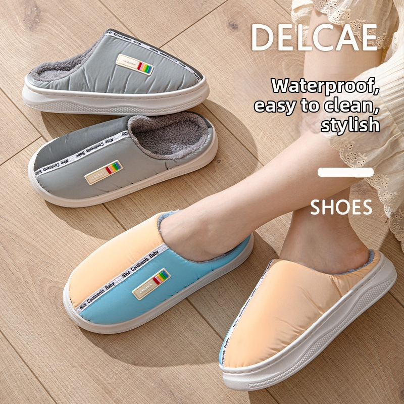 Bavlnené domáce papuče s gumovou podrážkou, vrchná časť z materiálu s výplňou (down), protišmykové, teplé, unisex