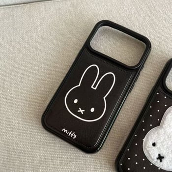 Carcasă pentru telefon – iepuraș Miffy cu buline cusute, textură piele, embossat, anti-cadere, compatibil Apple (Soft glue; Embossed; Anti-Fall; Apple)