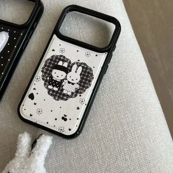Carcasă pentru telefon – iepuraș Miffy cu buline cusute, textură piele, embossat, anti-cadere, compatibil Apple (Soft glue; Embossed; Anti-Fall; Apple)