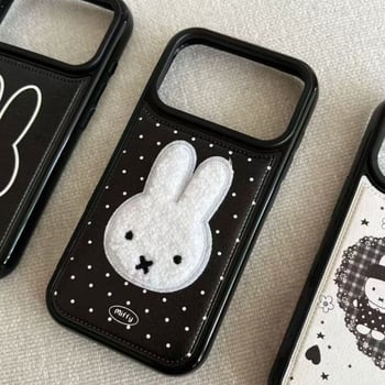 Carcasă pentru telefon – iepuraș Miffy cu buline cusute, textură piele, embossat, anti-cadere, compatibil Apple (Soft glue; Embossed; Anti-Fall; Apple)