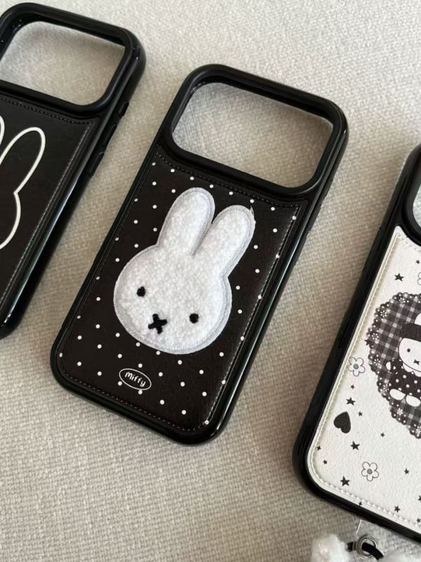 Carcasă pentru telefon – iepuraș Miffy cu buline cusute, textură piele, embossat, anti-cadere, compatibil Apple (Soft glue; Embossed; Anti-Fall; Apple)