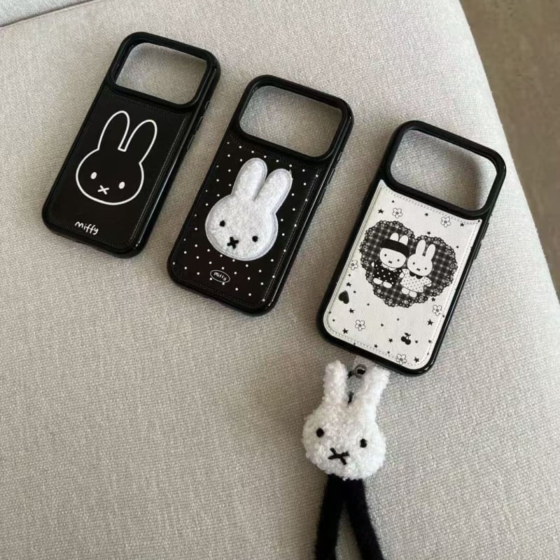 Carcasă pentru telefon – iepuraș Miffy cu buline cusute, textură piele, embossat, anti-cadere, compatibil Apple (Soft glue; Embossed; Anti-Fall; Apple)