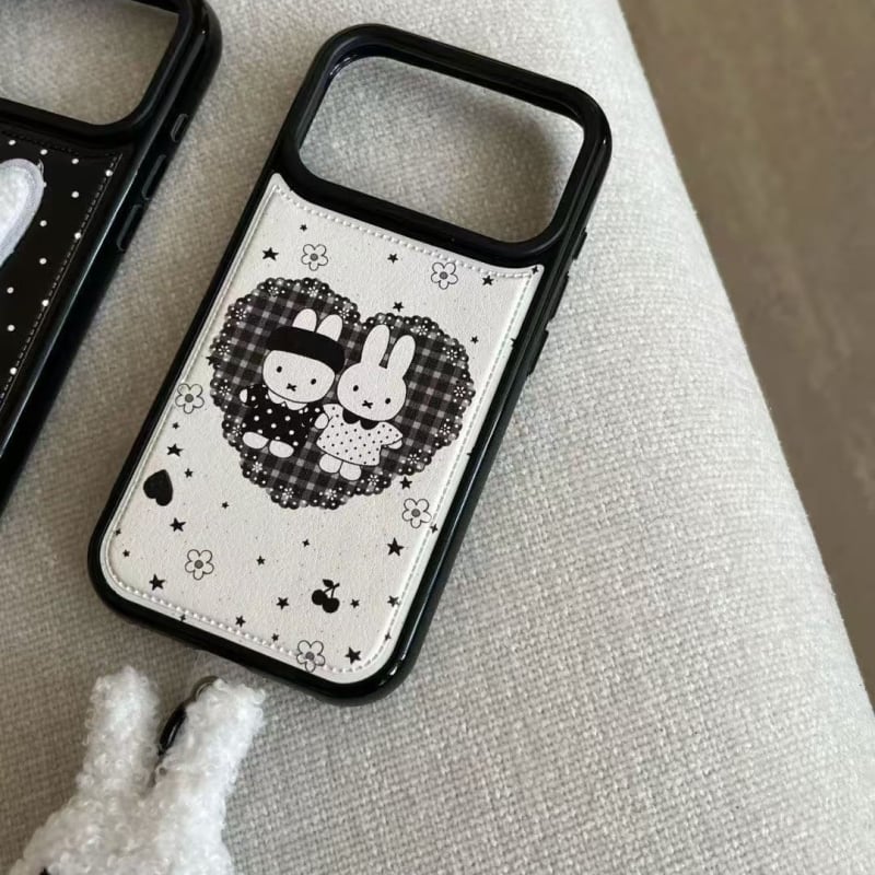 Carcasă pentru telefon – iepuraș Miffy cu buline cusute, textură piele, embossat, anti-cadere, compatibil Apple (Soft glue; Embossed; Anti-Fall; Apple)