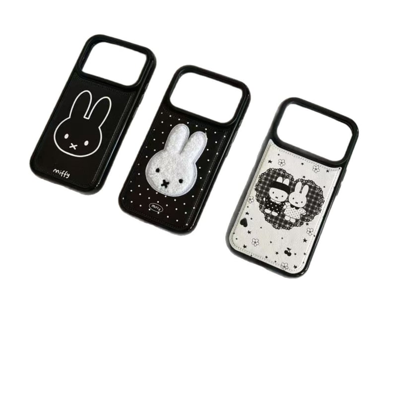 Carcasă pentru telefon – iepuraș Miffy cu buline cusute, textură piele, embossat, anti-cadere, compatibil Apple (Soft glue; Embossed; Anti-Fall; Apple)