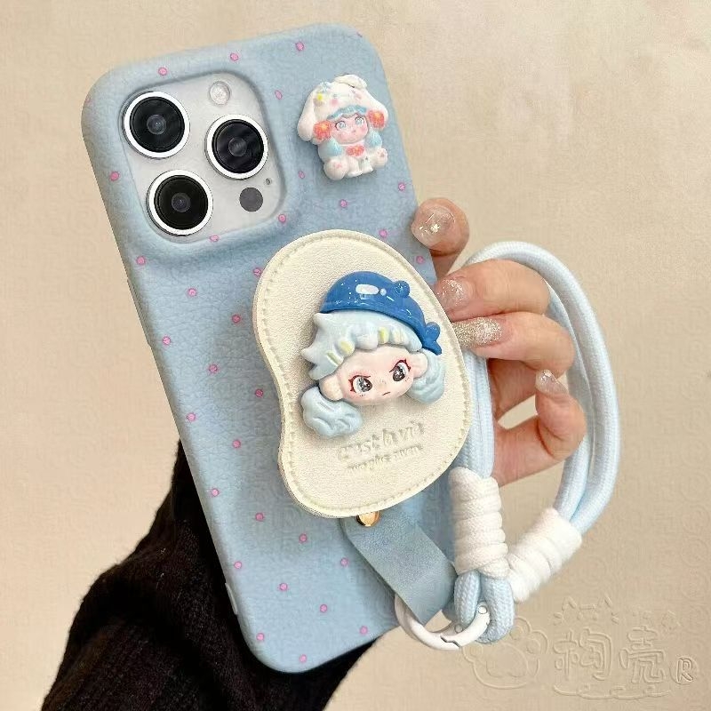 Carcasă de protecție pentru iPhone cu suport din piele — textură de piele gravată, material cu adeziv moale, anti-cadere, compatibil Apple