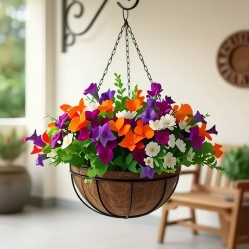 Függő virágtartó kosár, kör alakú, vasművészeti kivitelben, európai stílus, Create Season márka