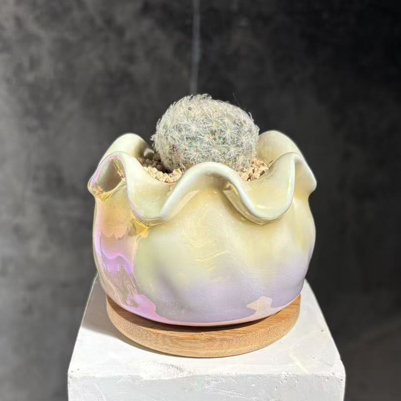 Keramička posuda za sukulente s elektroplatiranim završetkom, pogodna za stolnu i podnu uporabu; materijal keramika; izrada: pečenje u pećnici i elektroplating; pogodno za ured i kućnu vrtlarenje.