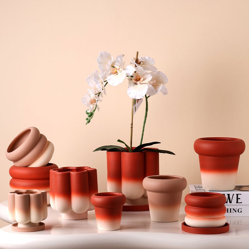 Nordijski stil okrugla keramička posuda za Phalaenopsis orkideju, prozračna glina, s pladnjem i drenažnim otvorima za kućno uzgoj