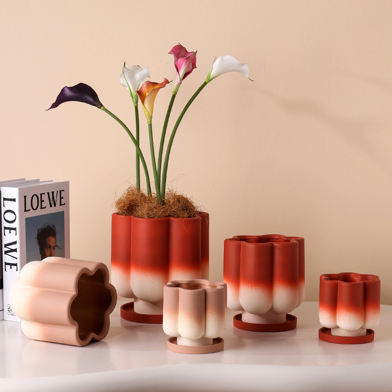 Nordijski stil okrugla keramička posuda za Phalaenopsis orkideju, prozračna glina, s pladnjem i drenažnim otvorima za kućno uzgoj