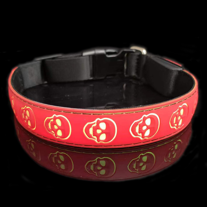 Κολάρο σκύλου με σχέδιο κρανίου, φωτεινό, επαναφορτιζόμενο, υλικό: μαλακό κόλλα + νάιλον