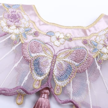 Hanfu-stílusú háziállat-sál rózsaszín-lila pillangó hímzéssel és bojtokkal, organza anyagból, macskáknak és kiskutyáknak