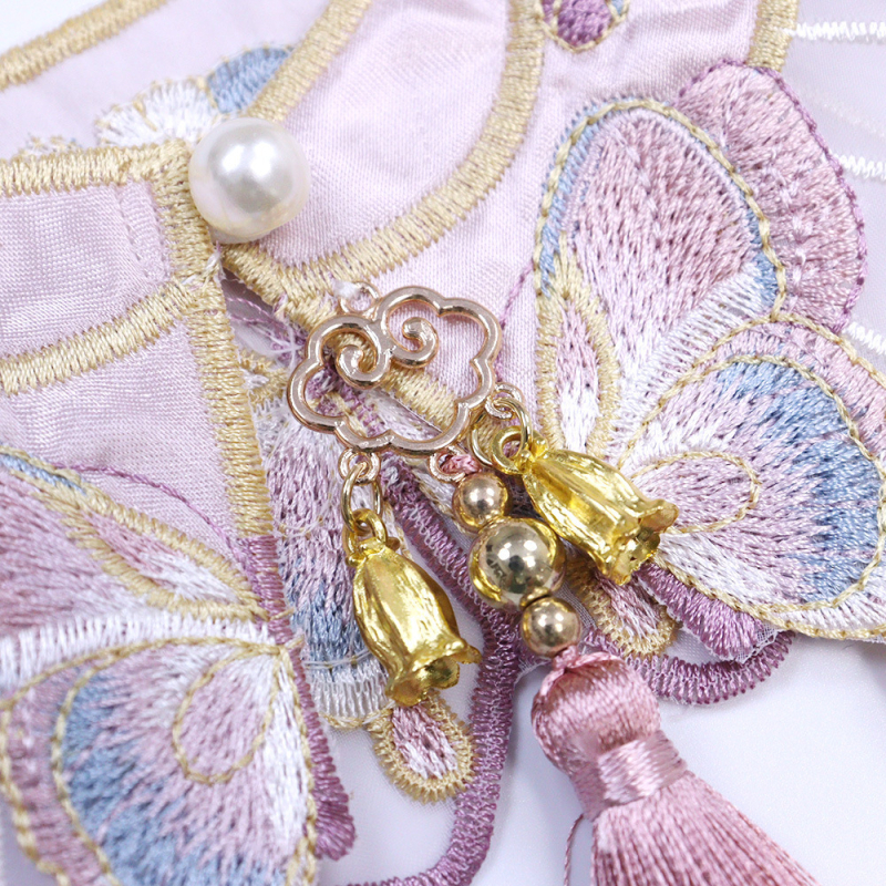 Hanfu-stílusú háziállat-sál rózsaszín-lila pillangó hímzéssel és bojtokkal, organza anyagból, macskáknak és kiskutyáknak