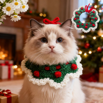 Kötött kisállat nyakörv és dísz Karácsonyi plüss, Teddy stílus British Shorthair