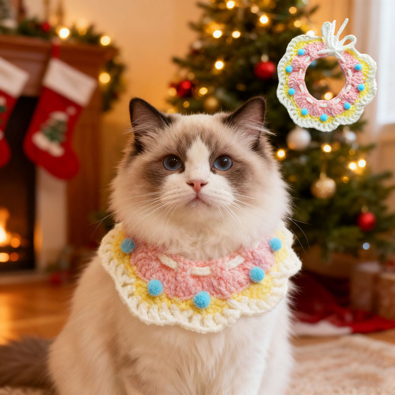 Kötött kisállat nyakörv és dísz Karácsonyi plüss, Teddy stílus British Shorthair