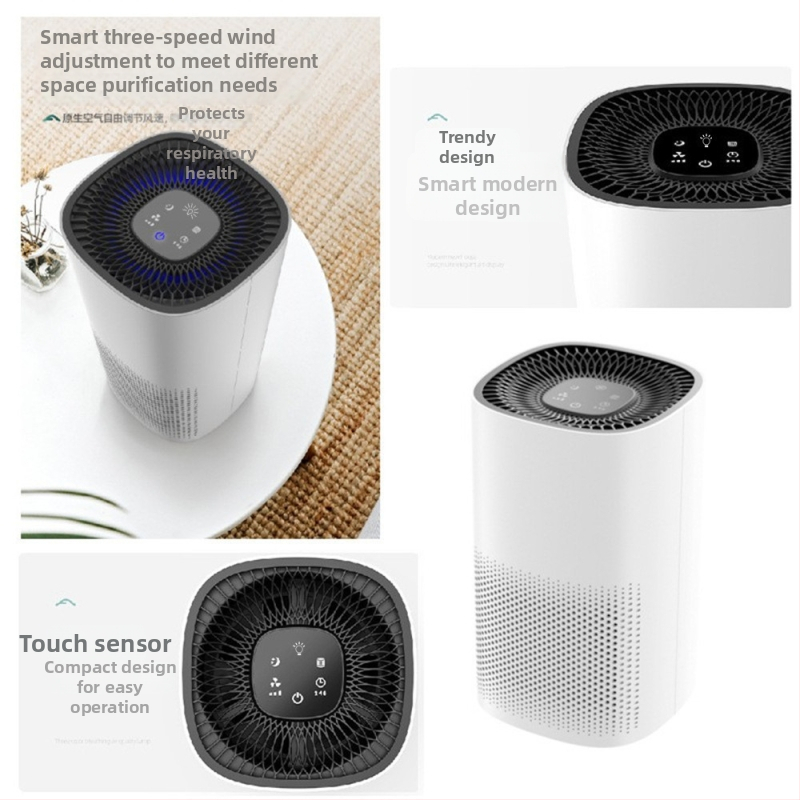 Inteligentni pročišćivač zraka za unutarnju upotrebu s HEPA filtracijom, stolni minimalistički dizajn, protok zraka 51–150 m³/h, tiho rada <36 dB, napajanje AC, dodirno upravljanje, pogodan za prostoriju do 10 m²