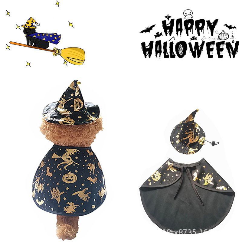Halloween boszorkány köpeny szett kutyáknak és macskáknak, rajzfilm mintával és parti sapkával