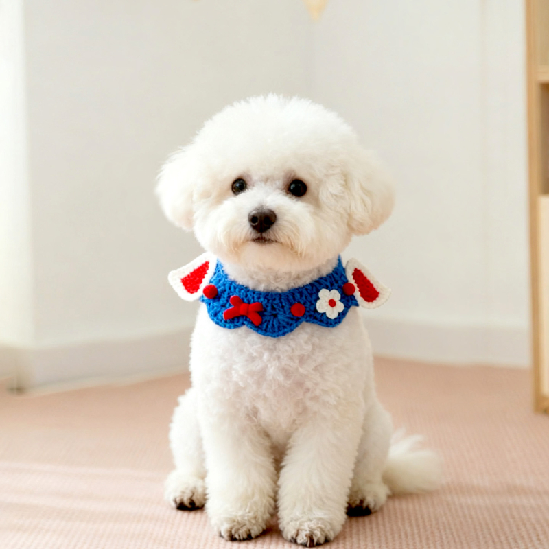 Kézzel kötött kisállat nyakörv, virágos mintával (Anyag: gyapjú; Márka: Hippie dog; Stílus: szabadidős; Alkalmas minden állat számára)