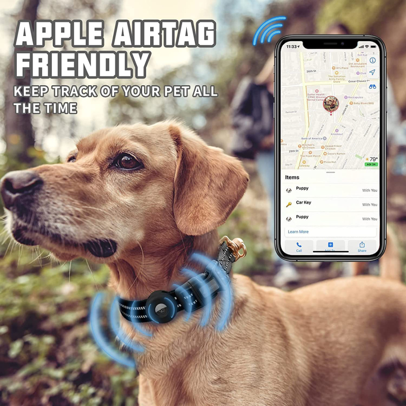 AirTag-kompatibilis közepes méretű kutya biztonsági nyakörv, lélegző, reflexiós, anti-lost