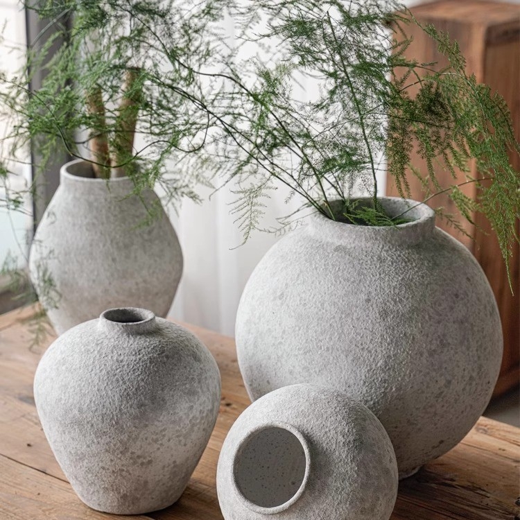 Κινεζικού στυλ βιντάζ χειροποίητη κεραμική βάζα από αργιλώδες πηλό, ρετρό ύφος, επιφάνεια από πέτρινη κεραμική, μάρκα Fan Zhu