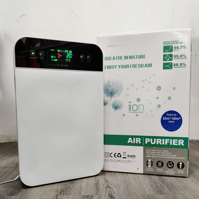Pročišćivač zraka s negativnim ionima – protok zraka 301–400 m3/h, pogodan za 21–30 m², buka 36–45 dB, daljinsko upravljanje + tipke, odvojeni filter, AC napajanje, stolni/stojeći dizajn