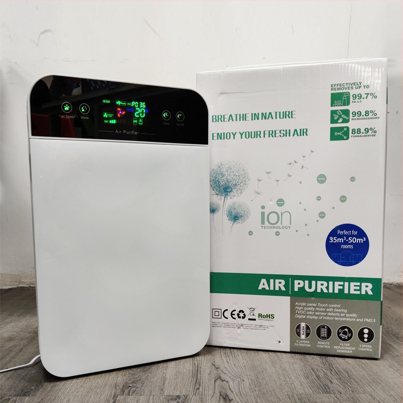 Pročišćivač zraka s negativnim ionima – protok zraka 301–400 m3/h, pogodan za 21–30 m², buka 36–45 dB, daljinsko upravljanje + tipke, odvojeni filter, AC napajanje, stolni/stojeći dizajn