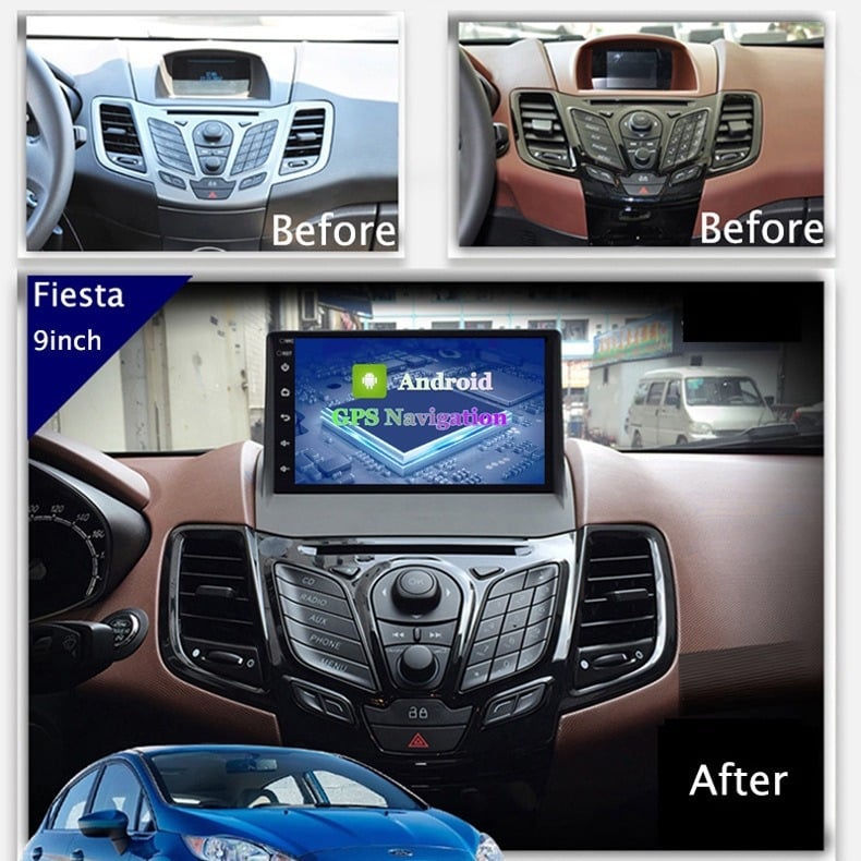 Ford Fiesta 2009-2017 Android навигационен център с 9-инчов екран, 12V захранване, мощност 4x45W, 2.5D закалено стъкло, тегло 2 кг