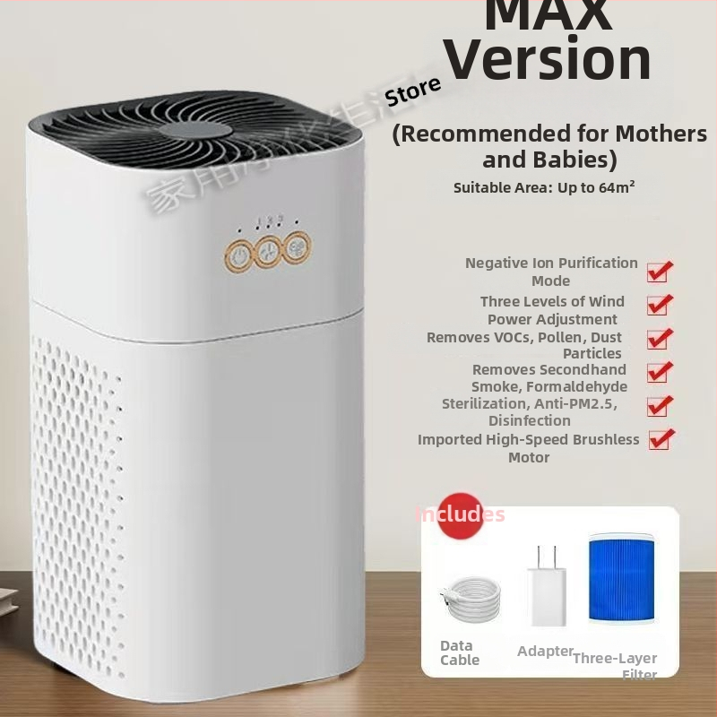 Zračni uređaj s negativnim ionima za dom i ured – CADR PM 350 m³/h za čestice, CADR formaldehid 100 m³/h, buka ≤ 36 dB, protok zraka 300 m³/h, USB napajanje, kombinirani filter, pokrivenost do 10 m²