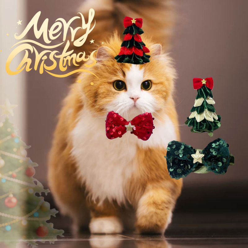 Velúr karácsonyi sapka kutyáknak és macskáknak, fenyőfa alakú, masnis díszítéssel