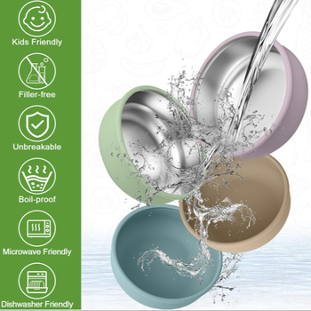 Бебешка купичка за хранене с вакуумна засмукваща поставка, от 304 неръждаема стомана и силикон, противохлъзгаща се и термоизолираща, за деца над 3 месеца