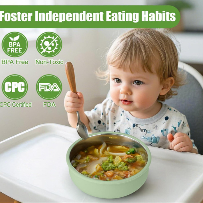 Бебешка купичка за хранене с вакуумна засмукваща поставка, от 304 неръждаема стомана и силикон, противохлъзгаща се и термоизолираща, за деца над 3 месеца