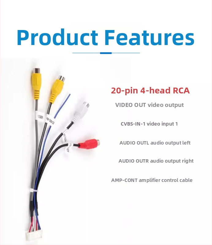 Android navigačný kábel do auta s napájaním, USB, RCA, 4‑pin/6‑pin konektory, GPS anténa a cúvací kábel