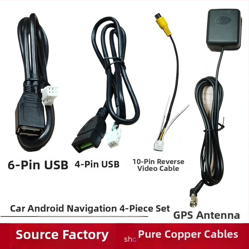 Android navigačný kábel do auta s napájaním, USB, RCA, 4‑pin/6‑pin konektory, GPS anténa a cúvací kábel