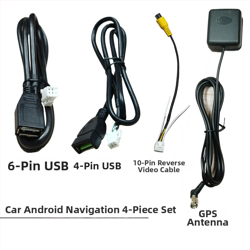 Android navigačný kábel do auta s napájaním, USB, RCA, 4‑pin/6‑pin konektory, GPS anténa a cúvací kábel