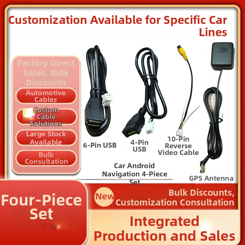 Android navigačný kábel do auta s napájaním, USB, RCA, 4‑pin/6‑pin konektory, GPS anténa a cúvací kábel