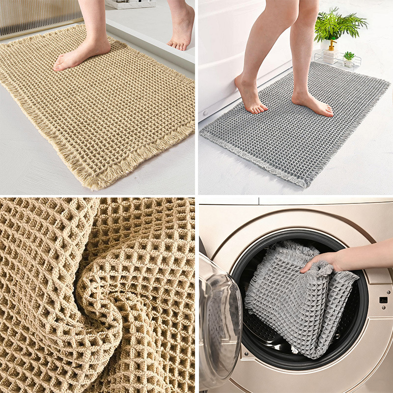 Podloga za pod s waffle uzorkom za kupaonicu, spavaću sobu i ulaz — pravokutna, poliestersko vlakno, periva, protuklizna, mrežasti uzorak, japanski minimalistički stil