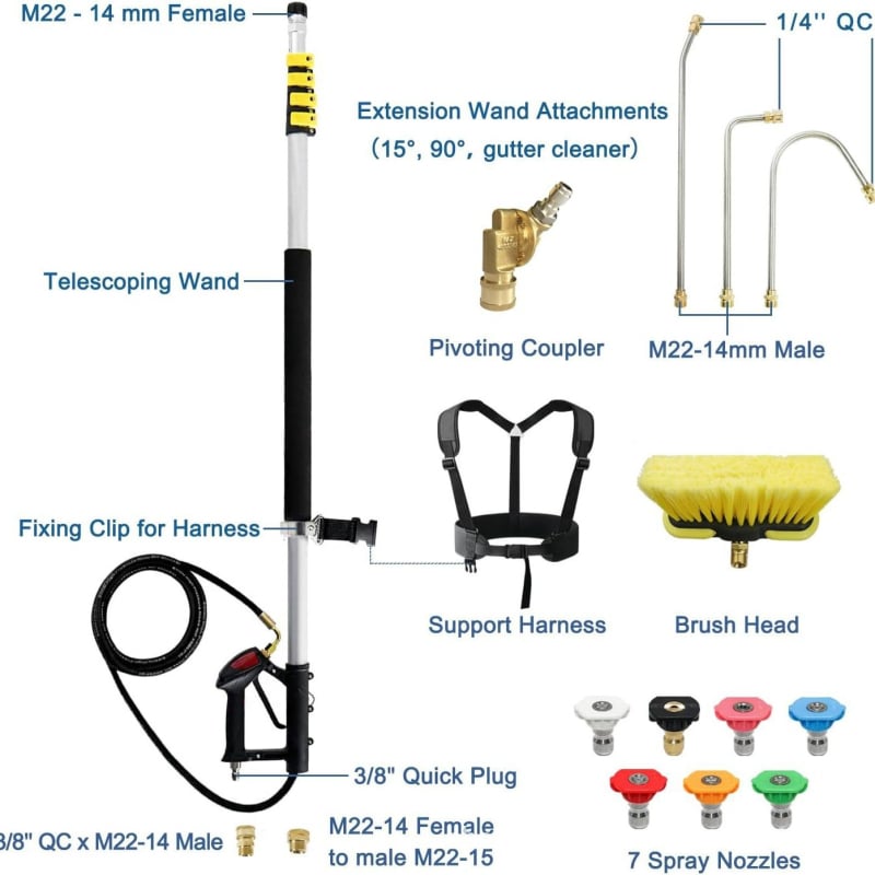 Pistol de înaltă presiune cu tijă telescopică și extindere, oțel inoxidabil, curățarea pereților exteriori cu duză