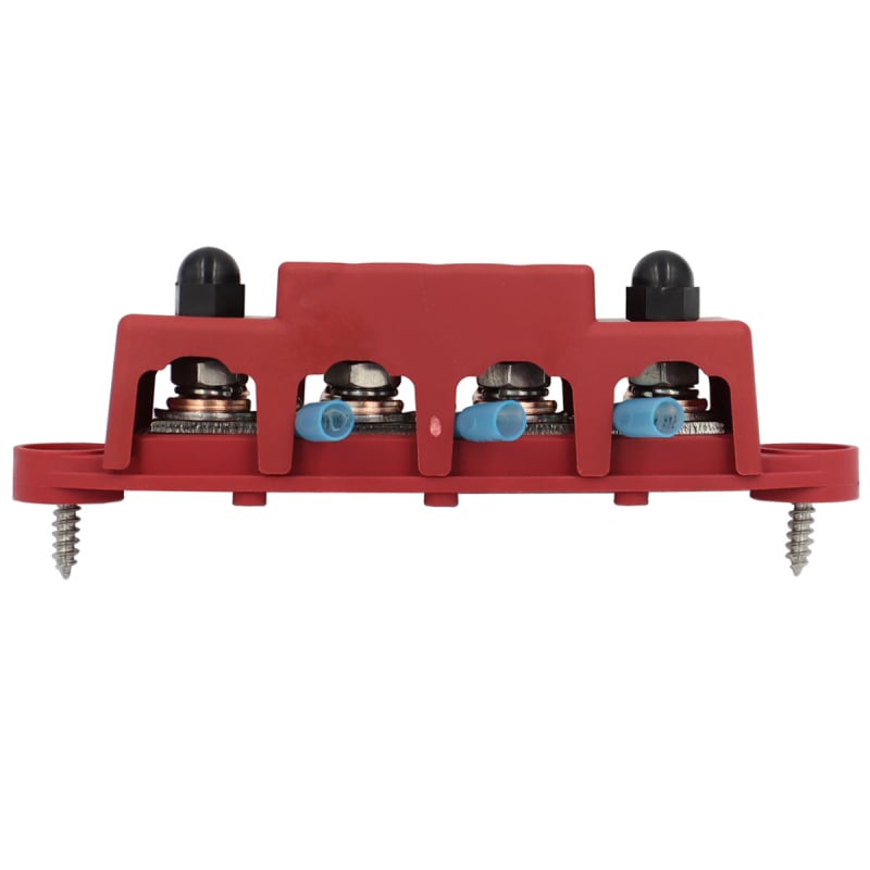 M8/M10 csavarokkal ellátott busbar doboz, 48V 250A, autók, lakókocsik, hajók és jachtok számára; anyag: tűzálló nylon + rozsdamentes acél + sárgaréz