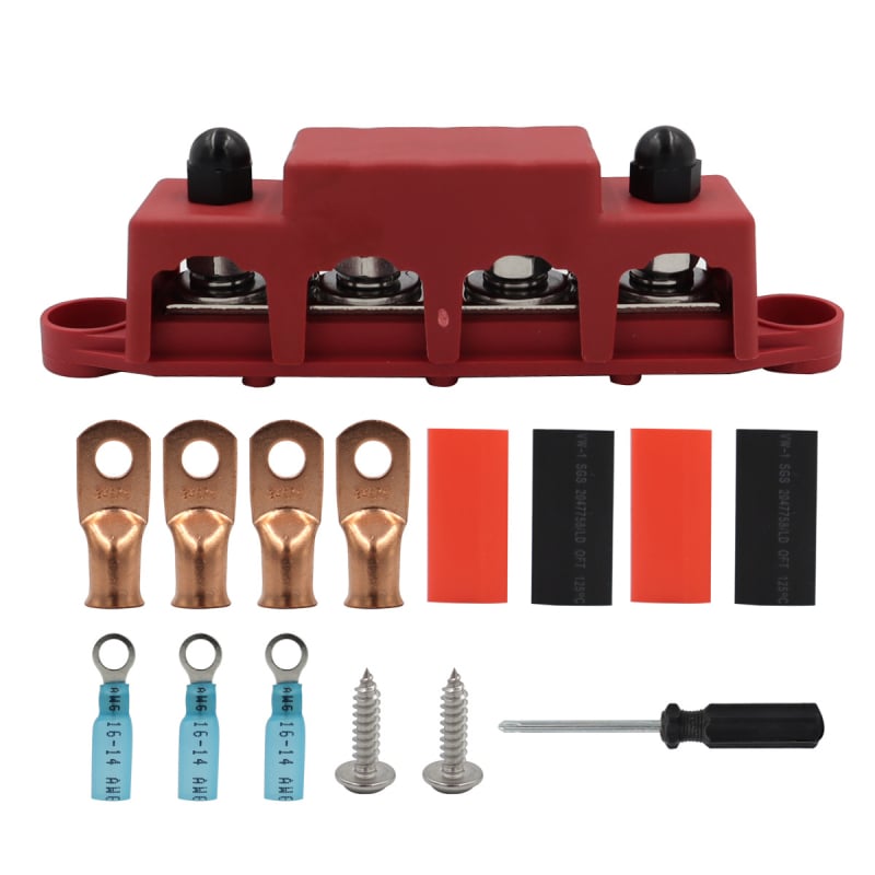 M8/M10 csavarokkal ellátott busbar doboz, 48V 250A, autók, lakókocsik, hajók és jachtok számára; anyag: tűzálló nylon + rozsdamentes acél + sárgaréz