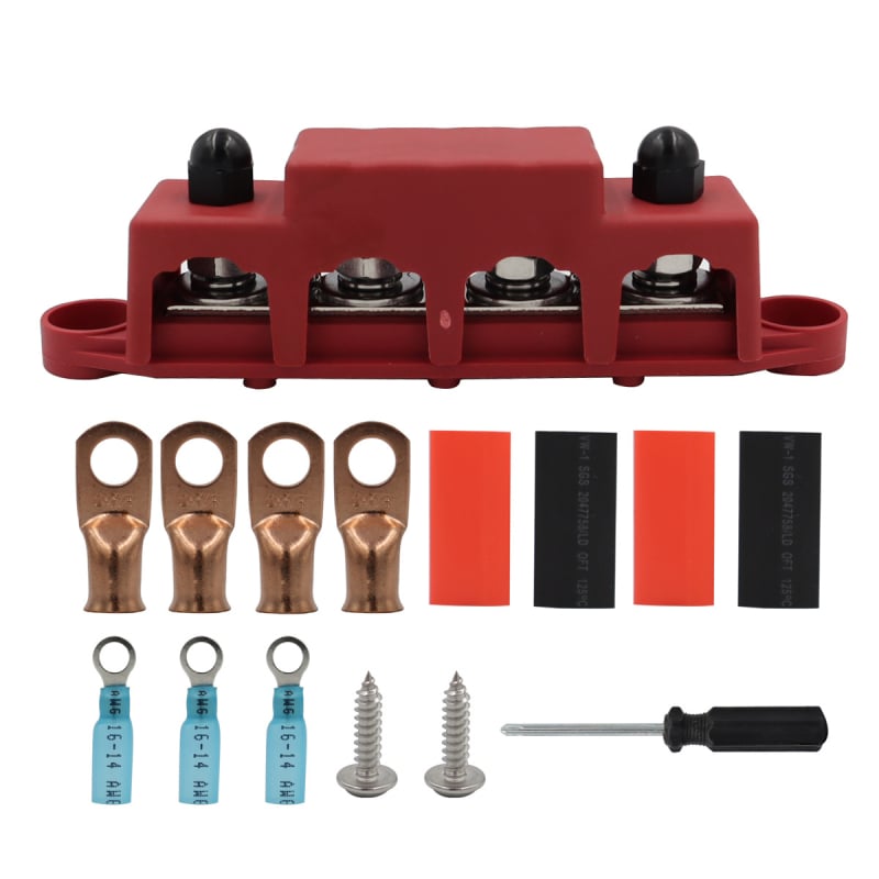 M8/M10 csavarokkal ellátott busbar doboz, 48V 250A, autók, lakókocsik, hajók és jachtok számára; anyag: tűzálló nylon + rozsdamentes acél + sárgaréz