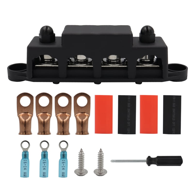 M8/M10 csavarokkal ellátott busbar doboz, 48V 250A, autók, lakókocsik, hajók és jachtok számára; anyag: tűzálló nylon + rozsdamentes acél + sárgaréz