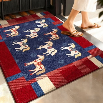 Covoraș de intrare - model cal, dreptunghiular, fibre poliester, lavabil, stil chinezesc clasic