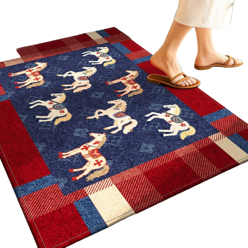 Covoraș de intrare - model cal, dreptunghiular, fibre poliester, lavabil, stil chinezesc clasic