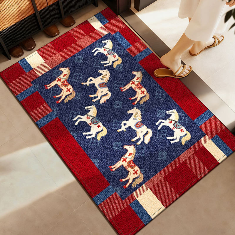 Covoraș de intrare - model cal, dreptunghiular, fibre poliester, lavabil, stil chinezesc clasic