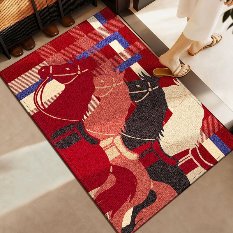 Covoraș de intrare - model cal, dreptunghiular, fibre poliester, lavabil, stil chinezesc clasic