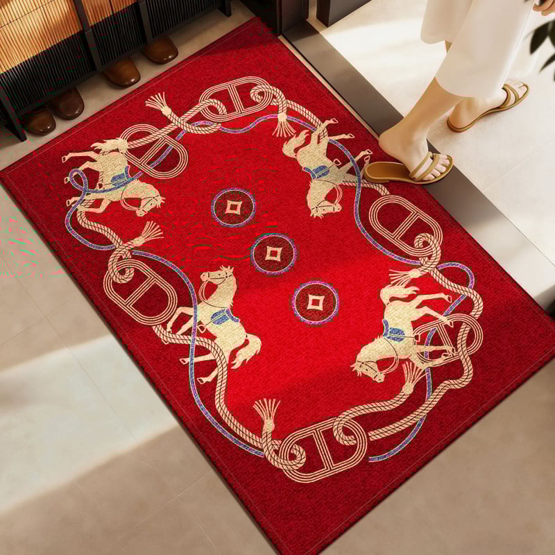 Covoraș de intrare - model cal, dreptunghiular, fibre poliester, lavabil, stil chinezesc clasic