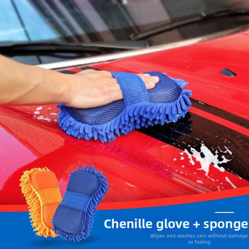 Rukavice za čišćenje automobila; 2-u-1 chenille spužvasti rukavica; materijal: koralni insekt; blok spužve