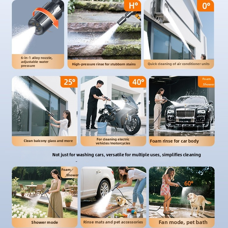 Bezdrôtová autoumývacia pištoľ – ABS telo, maximálny tlak 1,7 MPa, dosah striekania 5 m, dĺžka hadice 6 m, hmotnosť 1,041 kg